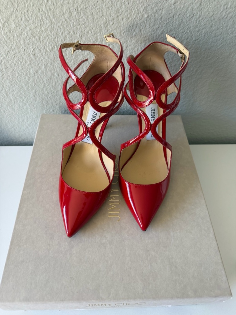 Jimmy Choo Red Patent Leather Strappy Pointed Pumps